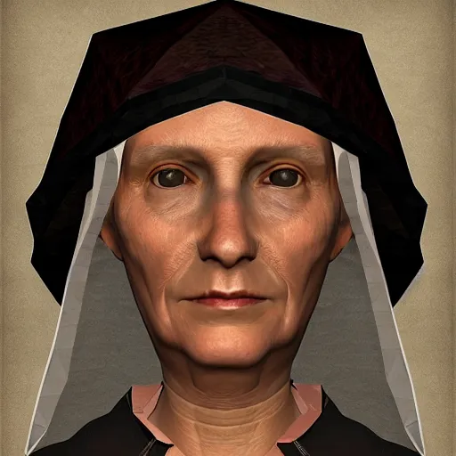 Prompt: a medieval peasant woman with a look of quiet determination, low poly portrait