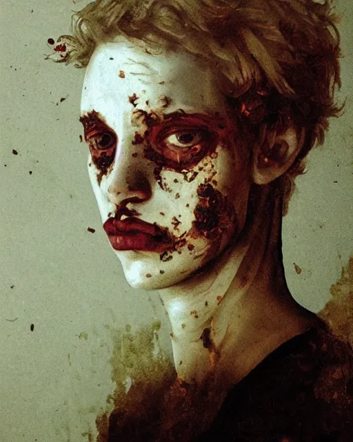 Prompt: a beautiful and eerie baroque painting of a beautiful but serious young man in layers of fear, with haunted eyes and freckles, 1 9 7 0 s, seventies, peeling wallpaper, wilted flowers, morning light showing injuries, delicate ex embellishments, painterly, offset printing technique