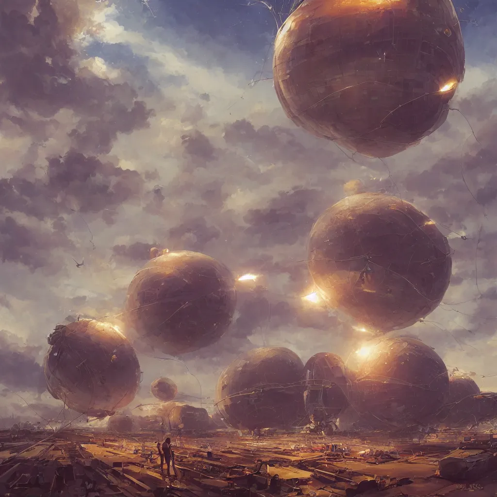 Image similar to blimps in sky, dyson sphere program, by greg rutkowski, by rhads, by jesper ejsing, so many wires, sharp focus, man standing, colony, atom, crowd, steam punk