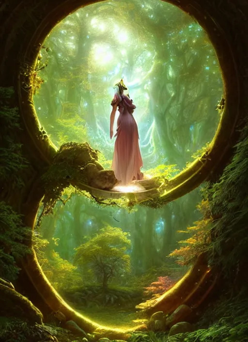 Image similar to Fantasy Magical fairy-tale portal in the forest. Round stone portal teleport in trees to other worlds. Fantastic landscape. Magic Altar in the fores, highly detailed, digital painting, artstation, concept art, smooth, sharp focus, illustration, art by artgerm and greg rutkowski and alphonse mucha