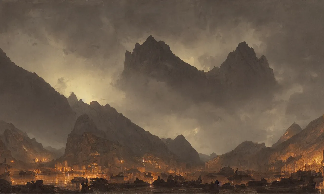 Image similar to great hall under the mountain, in the far distance a red glow. andreas achenbach, zack snyder, tokujin yoshioka