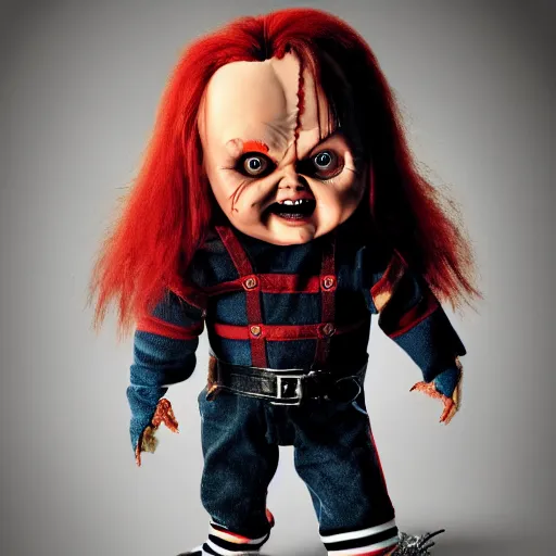 Prompt: Chucky the killer doll being held by Johnny Depp playing Charles Lee Ray