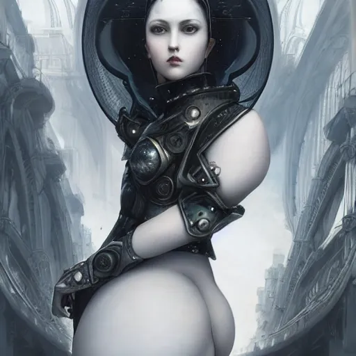 Prompt: By Tom Bagshaw, ultra realist soft painting of an attractive thicc curvy cyberpunk anime female fully body armored, with thin lustrous long hair floating, photorealistic eyes render, looking at camera, curiosities carnival, symmetry accurate features, very intricate details, focus, dark fantasy background black and white