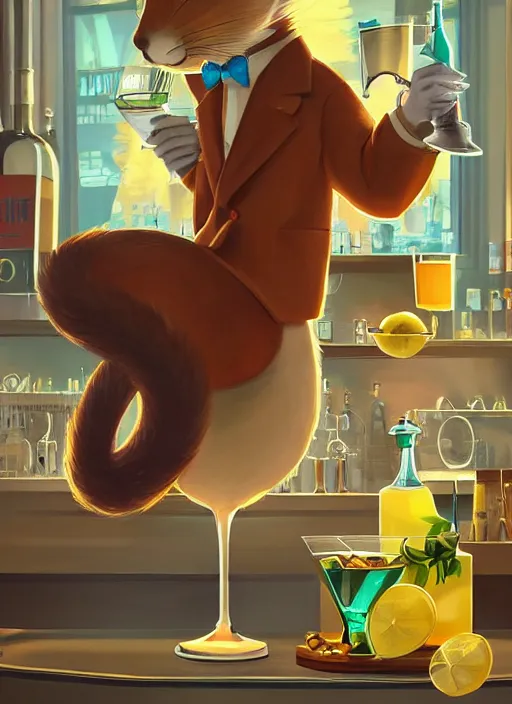 Image similar to squirrel anthro as a dapper bartender with a big, fluffy tail, retro futurism, art deco, detailed, painterly digital art by WLOP and Cory Loftis and Paul Gustav Fischer, 🐿🍸🍋, furaffinity, trending on artstation