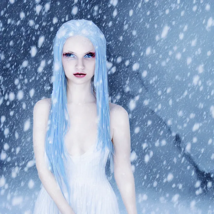 Prompt: full body portrait of a woman with pale blue hair wearing a long white dress made out of snowflake in the middle of a heavy snowstorm. pale, sickly looking, hypothermia. digital art by maromi sagi