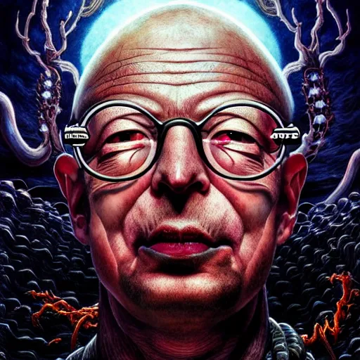 Image similar to uhd photorealistic dark scifi illustration of klaus schwab at a demonic altar, reading the necronomicon, wearing bizarre voodoo makeup. cinematic lighting, intricate voodoo makeup, in the style of akira toriyama, beksisnski, amano and karol bak, evil, fantasy, hyperdetailed.