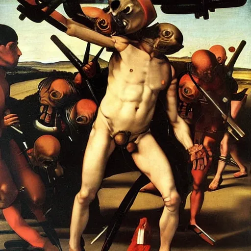Image similar to the end of man with cyborgs apocalypse by caravaggio