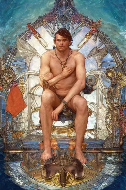 Image similar to The King of Atlantis sitting on his throne, portrait by Stanley Artgerm Lau, greg rutkowski, thomas kindkade, alphonse mucha, loish, norman Rockwell