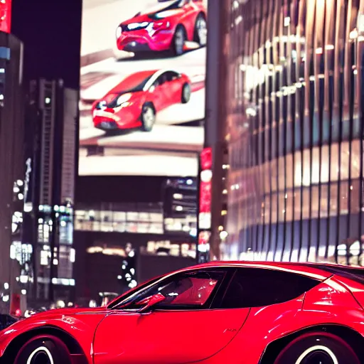 Prompt: RX-Vision soul red concept car ikuo maeda mazda RX-9 driving in Tokyo at night beautiful 35mm photo