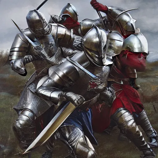 Prompt: knights in polished armor swinging swords in battle, fear, anger, hate, fighting, field, wet, dawn, breath, cold, hyper realistic, high octane, hyper detailed, cinematic, wide angle, 8 k w 1 2 0 0