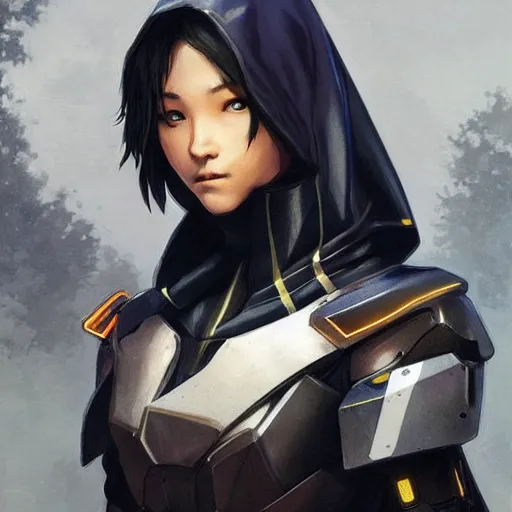 Prompt: cassandra cain in destiny hunter armor, cyberpunk leds on hood, wearing a hooded cloak, beautiful face!!!!, 2 7 years old, cg animation, realistic, character select portrait, by artgerm, greg rutkowski, alphonse mucha, 3 d