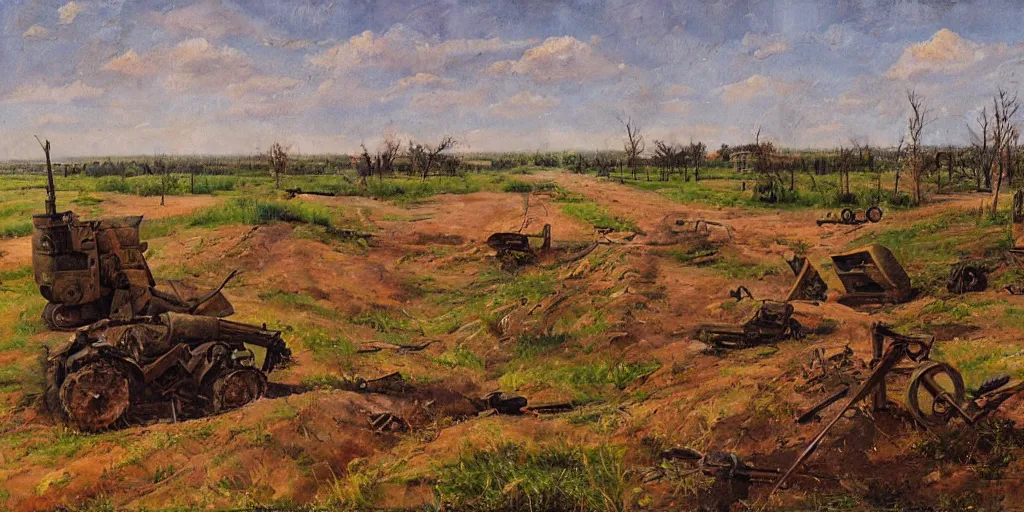 Prompt: landscape of the eastern front, summertime, abandoned equipment, shell holes, oil painting in the style of peredvizhniki