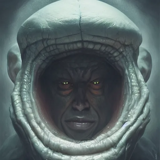 Prompt: Face of a pale alien cultist, intimidating man, large fish eyes, high forehead, smooth waxy skin, slick clammy skin, ominous, eldritch. oil painting by nuri iyem, james gurney, james jean, greg rutkowski, highly detailed, soft lighting, chiaroscuro