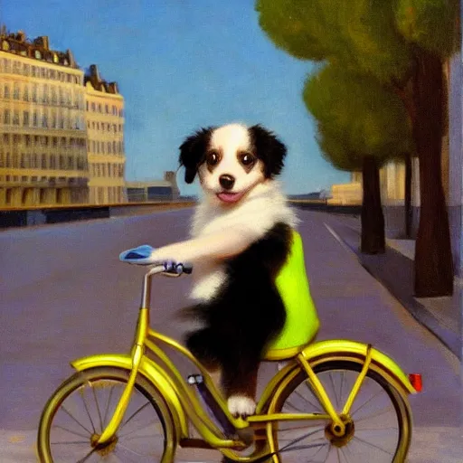 Image similar to young australian shepherd puppy riding a bike in paris. edward hopper. faithfully depicted, sharp focus, global illumination, radiant light, detailed and intricate environment, trending on artstation