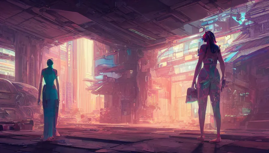 Prompt: a digital painting of a woman exploring a temple, cyberpunk art by james jean, cgsociety, retrofuturism, anime aesthetic, chromatic, iridescent