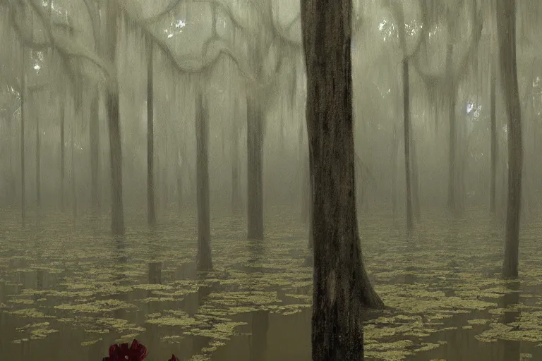 Image similar to scene from louisiana swamps, graveyard, voodoo, artwork by tim eitel