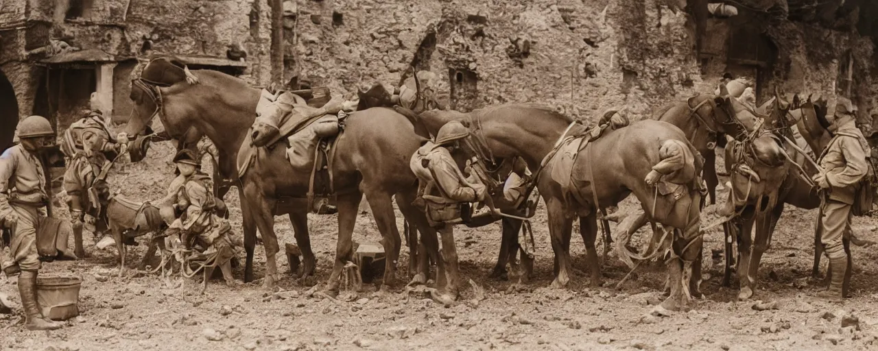 Image similar to soldiers feeding hungry horses spaghetti, world war 1, canon 5 0 mm, kodachrome, in the style of wes anderson, retro