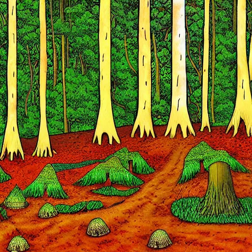 Image similar to mushroom trees viewed from the forest floor with a god ray drawn by John Avon