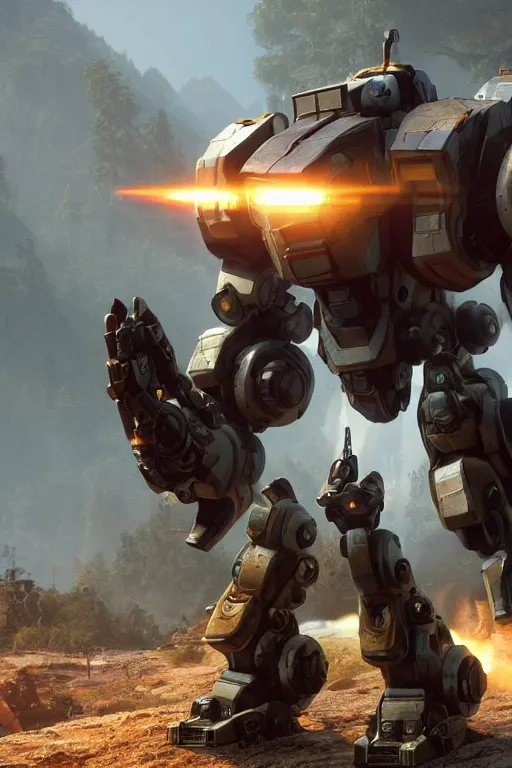 Image similar to mechwarrior 5 : mercenaries mech megaman transformer robot boss tank engine game octane render, 4 k, hd 2 0 2 2 3 d cgi rtx hdr style chrome reflexion glow fanart, global illumination ray tracing hdr fanart arstation by ian pesty pixar and disney unreal zbrush central hardmesh