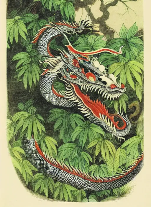 Prompt: vintage chinese dragon in a tropical forest, john james audubon, intaglio