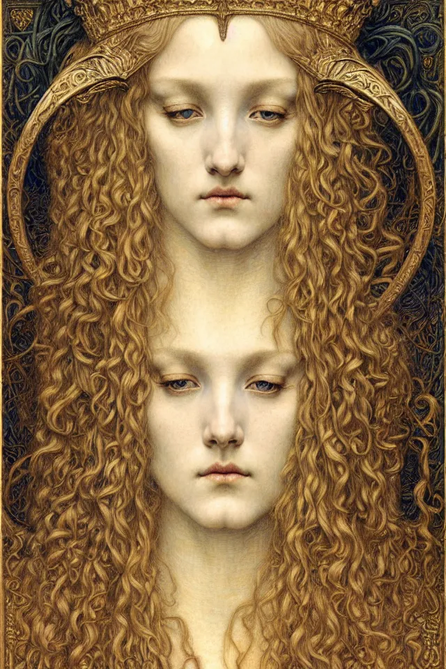 Image similar to detailed realistic beautiful young medieval queen face portrait by jean delville, gustave dore and marco mazzoni, art nouveau, symbolist, visionary, gothic, pre - raphaelite. horizontal symmetry