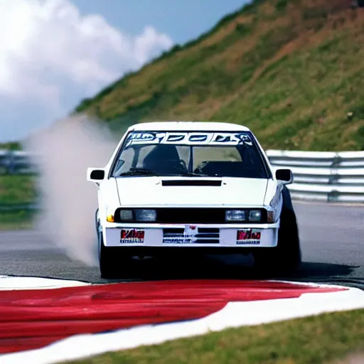 Prompt: Initial D Ae86 drifting in a hairpin corner