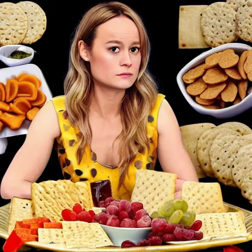 Prompt: brie larson as cheese and crackers platter