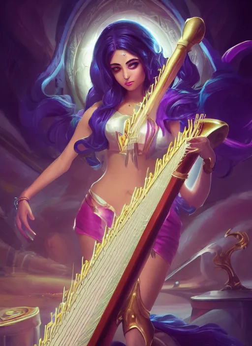 Image similar to sona, from league of legends, with an harp, hyper detailed, digital art, trending in artstation, cinematic lighting, studio quality, smooth render, unreal engine 5 rendered, octane rendered, art style by klimt and nixeu and ian sprigger and wlop and krenz cushart