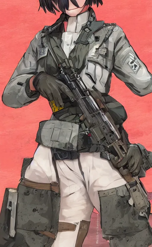 Prompt: portrait of a female soldier, highly detailed, high resolution, military camp in the background, the front of a modern trading card, illustration, character concept art, stunning, girls frontline style, by mangaka, matte, 100mm, by shibafu, studio mappa, realistic human anatomy, realistic military carrier, modern warfare, realistic weapon, digitally draw on wacom tablet, low saturation, small eyes