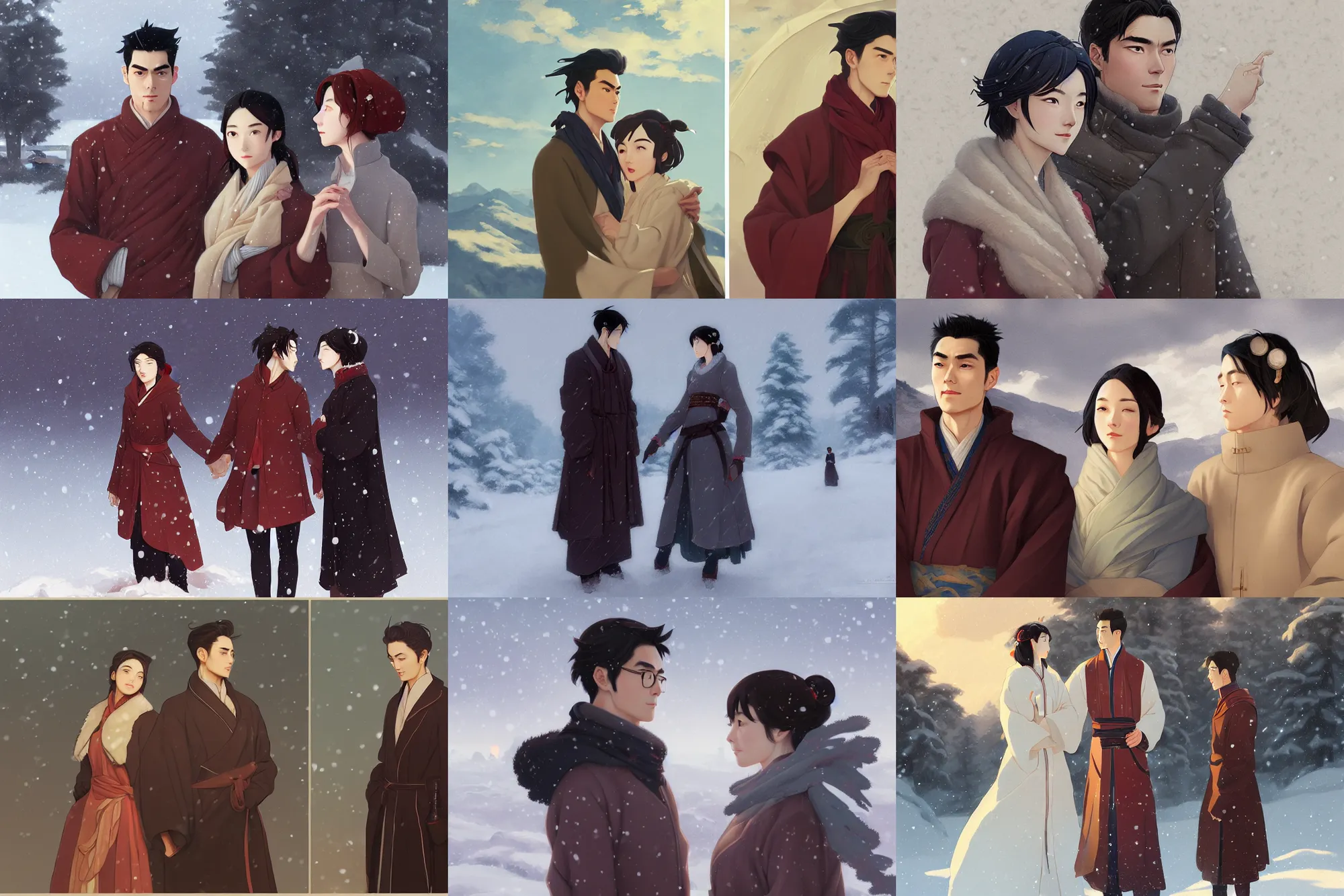 Prompt: man and woman couple, xianxia, winter, portrait, in the style of makoto shinkai, j. c. leyendecker and greg rutkowski