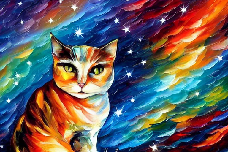 Prompt: the night sky, stars forming the shape of a cat's face, vibrant, sky focus, night time, trending on artstation, artwork by leonid afremov