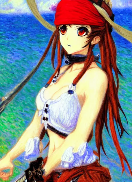 Image similar to a portrait of a female pirate, very anime in impressionist style, anime trending artwork, 4 k, anime painter studio, by claude monet