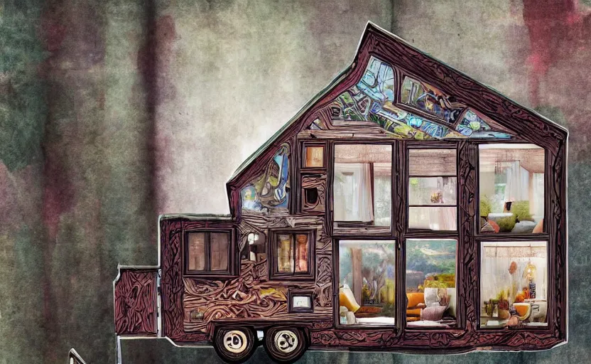 Prompt: hyperdetailed tinyhouse with an open window, seen from the distance. along a maximalist river made of paper and unexpected interesting fabric elements. 8 x 1 6 k hd mixed media 3 d collage in the style of a childrenbook illustration in soft natural tones. delicate and tender. shiny matte background no frame hd