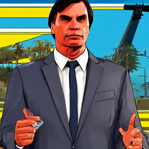 Image similar to Jair Bolsonaro in GTA V, Cover art by Stephen Bliss, Boxart, loading screen