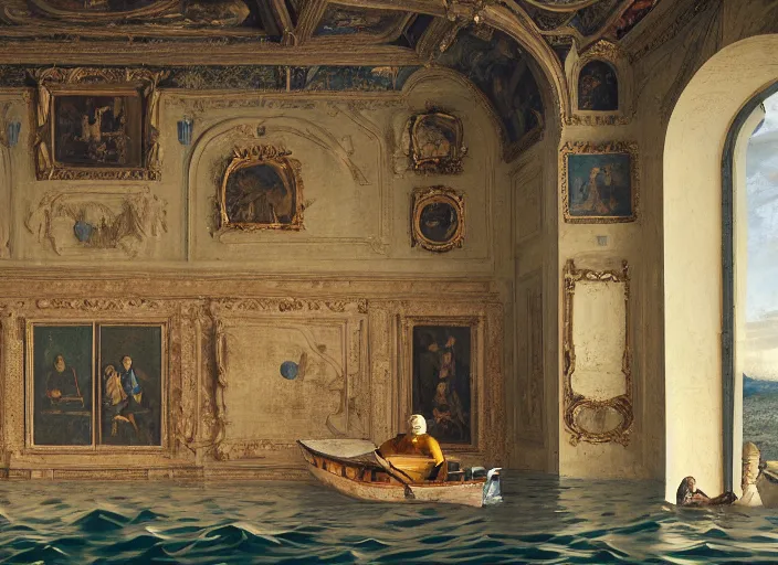 Prompt: a portrait of a humanoid robot sitting in a small boat fishing in a renaissance castle room flooded with water,