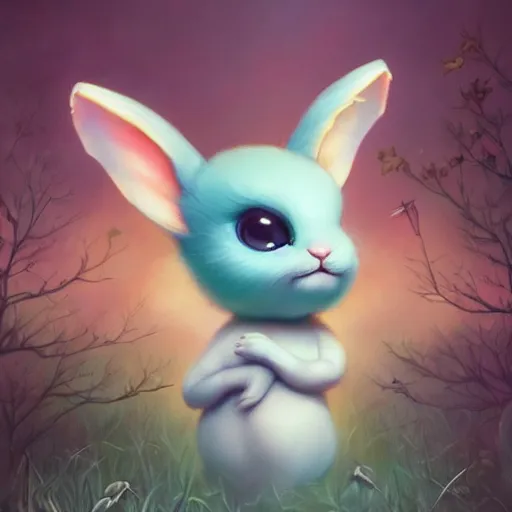 Image similar to funny cute little bunny monster by tom bagshaw, artgerm, jeremiah ketner, beeple and charlie bowater, soft lighting, solid background,