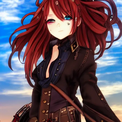 Image similar to steampunk beautiful anime woman, red shirt brown pants, black and blue hair, symmetrical face, symmetrical eyes, action scene, shooting fire war, detailed, summer setting, cinematic lighting