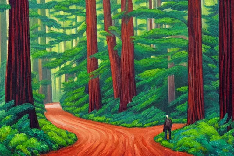 Image similar to a stunning wpa style painting of a man walking down a mysterious path in a redwood forest, award winning art