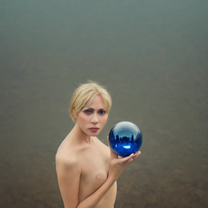 Prompt: a closeup portrait of a woman wrapped in plastic, standing next to a levitating blue sapphire orb, in a foggy pond, golden hour, dusk, color photograph, by vincent desiderio, canon eos c 3 0 0, ƒ 1. 8, 3 5 mm, 8 k, medium - format print