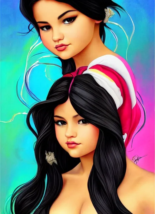 Prompt: beautiful thirty year old woman with long black hair, tan skin, curvy hourglass figure, round cute face, slightly resembles selena gomez wearing a colorful disney princess gown at her birthday party. beautiful painting by artgerm and raymond swanland and bouguereau and lois van baarle