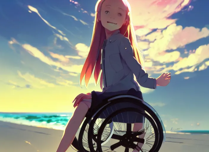 Prompt: portrait of smiling cute girl on futuristic wheelchair, sunset sky in background, beach landscape, illustration concept art anime key visual trending pixiv fanbox by wlop and greg rutkowski and makoto shinkai and studio ghibli and kyoto animation, symmetrical facial features, future clothing, backlit