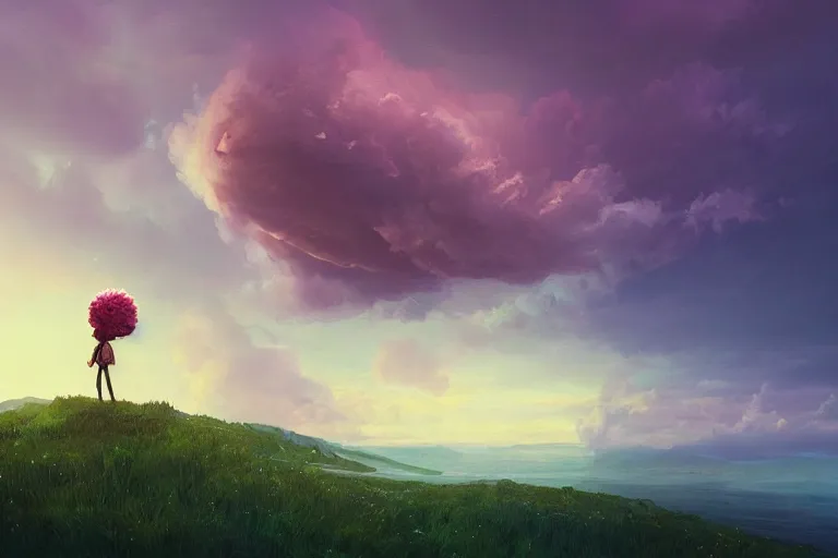 Image similar to giant flower over head, girl standing on cliff, surreal photography, sunset, stars, dramatic light, impressionist painting, storm clouds, digital painting, artstation, simon stalenhag