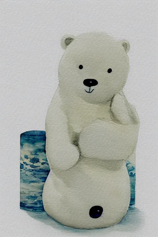 Prompt: a cute anime polar bear holding a porcelain vase, watercolor, white background, lovely