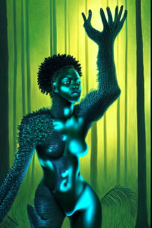 Image similar to hyperrealistic avant garde cinematic super expressive! black woman with exoskeleton armor, merging with tree in a forest, highly detailed digital art masterpiece, smooth cam de leon eric zener dramatic pearlescent soft teal yellow light, ground angle hd 8 k, sharp focus