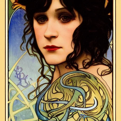 Prompt: zooey deschanel portrait by louis - theophile hingre and alphonse mucha, realistic, sharp focus, zodiac signs, tarot cards, planets, ethereal, art nouveau, magic, moon, sun, crown, dreamy, royal, jewellery