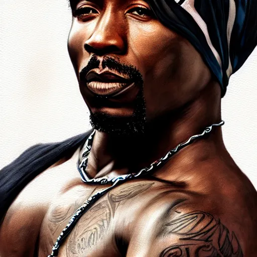 Image similar to 2 pac as black panther, tattoos, full length wide shot. aspect ratio 9 : 1 6. digital painting, extremely detailed, 4 k, intricate, brush strokes, mark arian, artgerm, bastien lecouffe - deharme