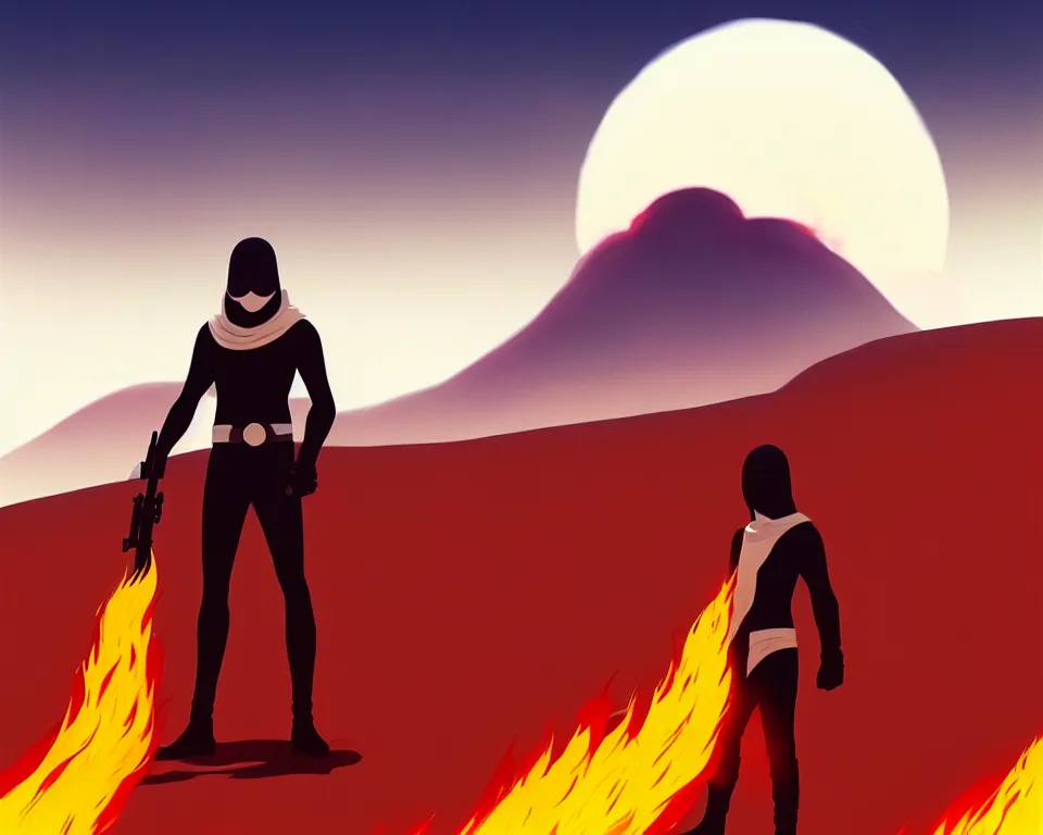 Image similar to white masked man in front of burning desert, by ilya kuvshinov, greg rutkowski and makoto shinkai, trending on artstation