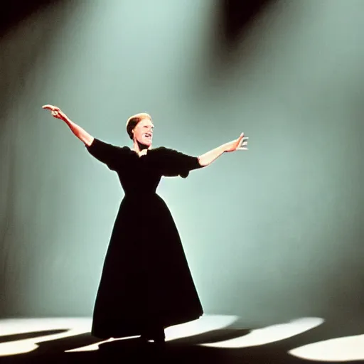 Image similar to julie andrews in all black, dancing alone on stage, dramatic lighting, very detailed photo