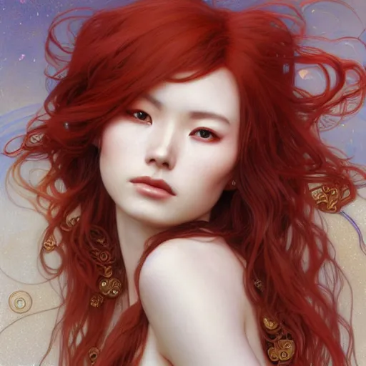 Image similar to portrait of Asuka Soryu with red long wavy hair drawn by Donato Giancola and Tom Bagshaw and Julie Bell, face by Artgerm, overall design by Alphonse Mucha, background by James Jean and Gustav Klimt, 4k, porcelain skin, komorebi, french nouveau, trending on artstation, octane render, hyperrealistic