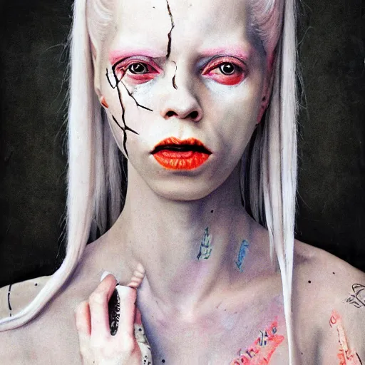 Image similar to realistic expired kodak film portrait of female albino yolandi visser, hyperrealism, hypermaximalism, photorealistic, detailed, atmospheric, 8 k, award winning photography, cinematic